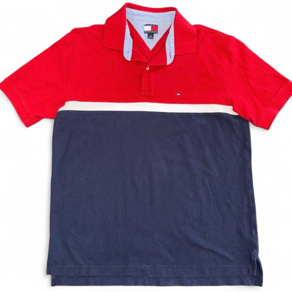 Vintage Tommy Hilfiger Mens Polo Shirt Red White Blue Colorblock Size L Y2K Prep